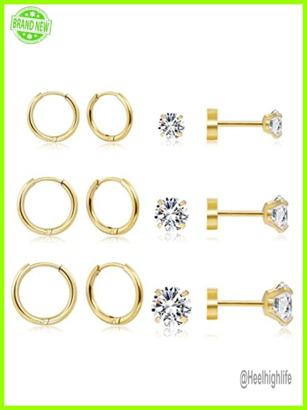 Surgical Steel Huggie Hoop and CZ Stud Earring Set 14K Gold Plated